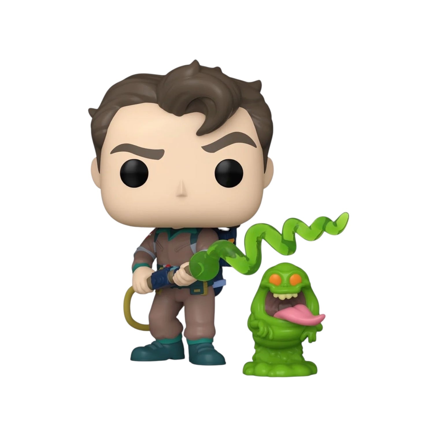 Venkman wearing his brown overalls with his ghost catching equipment with slimer his iconic green colour 
