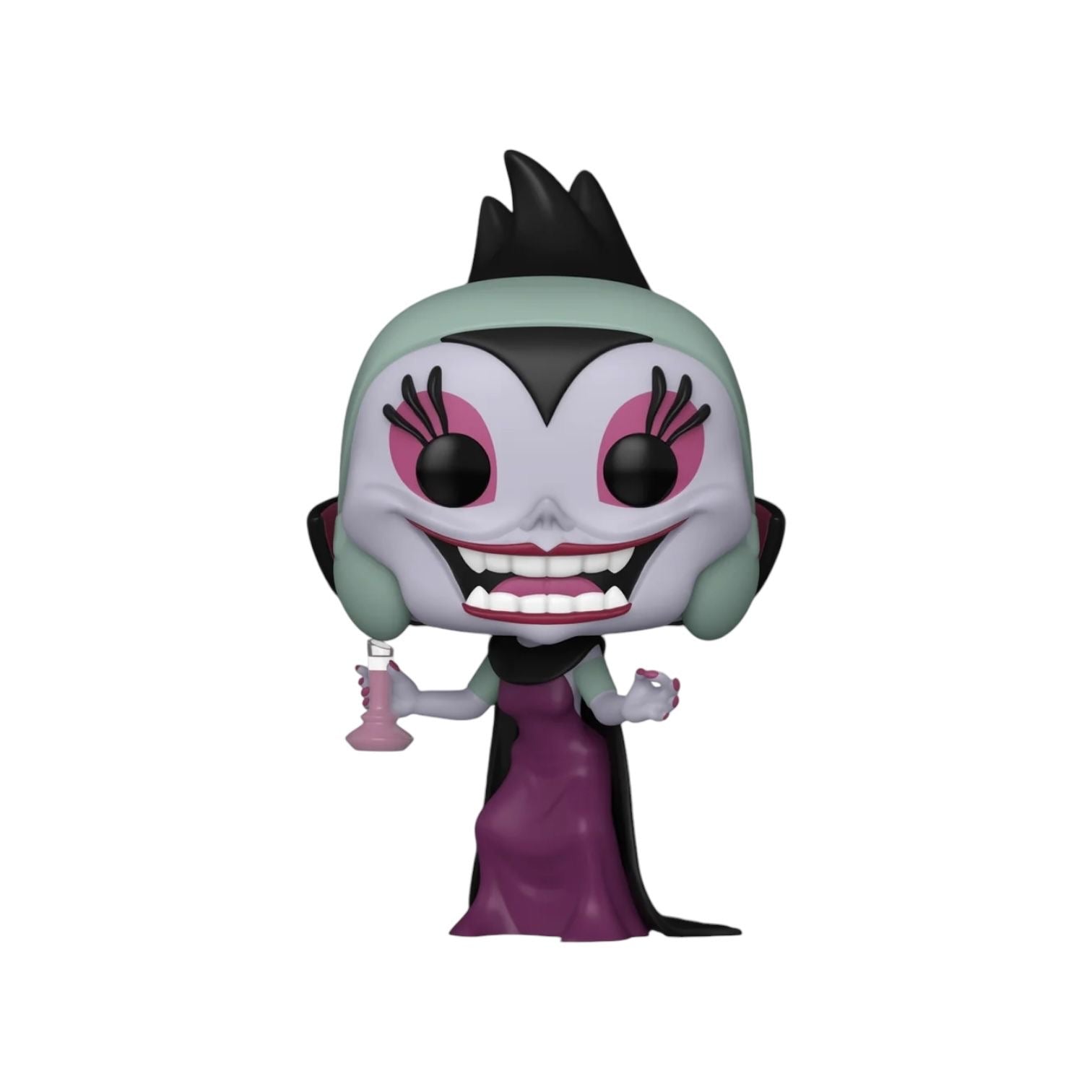 Picture of Yzma Funko pop out of  box wearing a purple dress with black cloak, holding a potion bottle. with a evil laughing face expression 