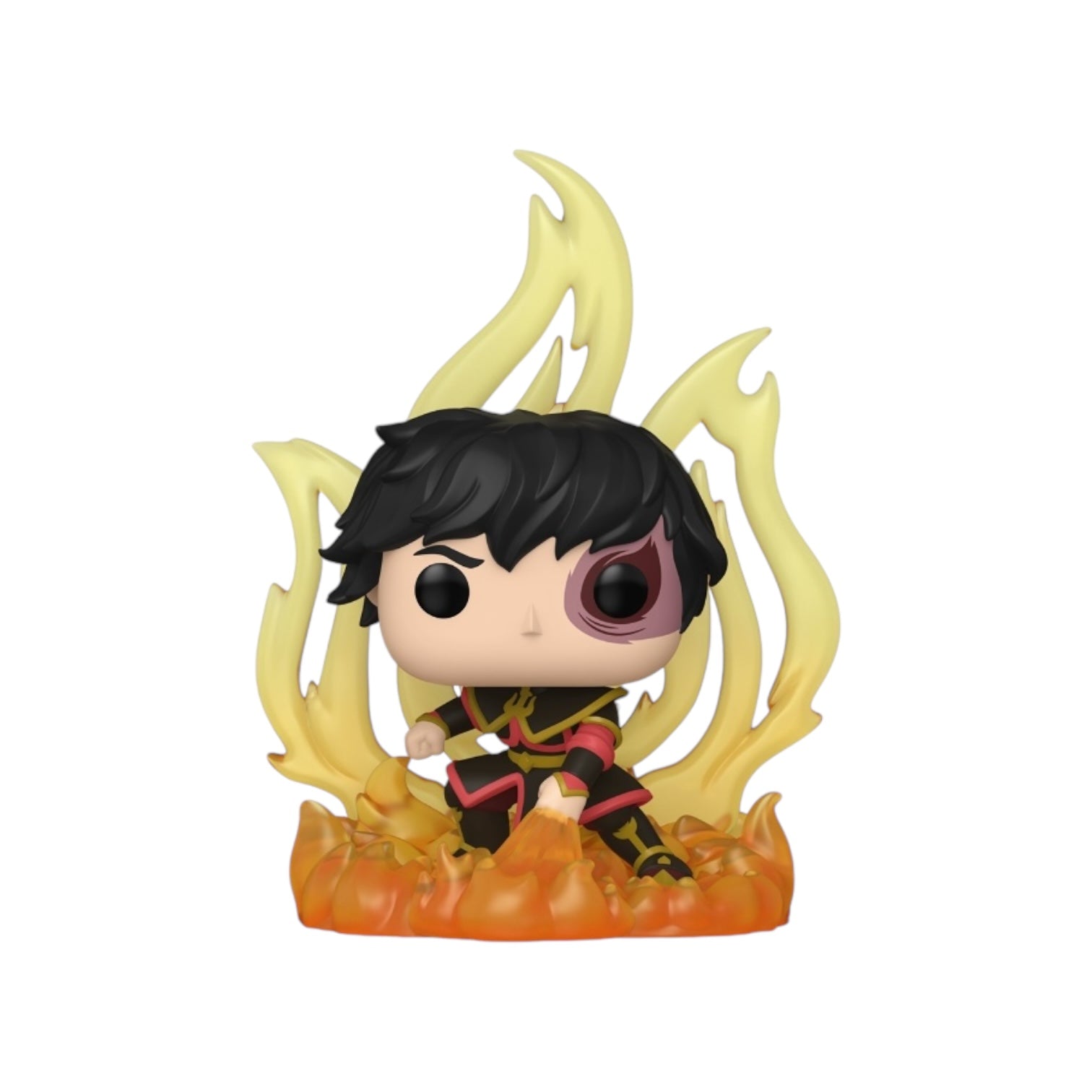 Zuko wearing black red and gold attire, with a action pose displaying gold flames 