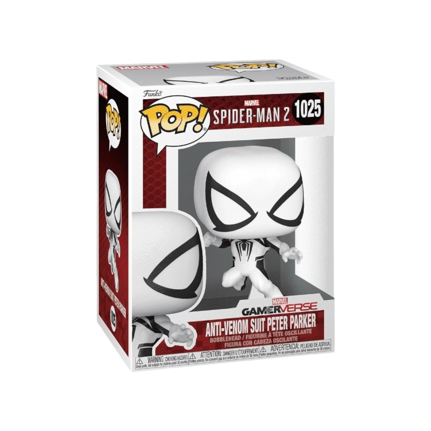 Anti-venom suit Peter Parker a white detailed suit with black detail around eyes, in its external packaging 