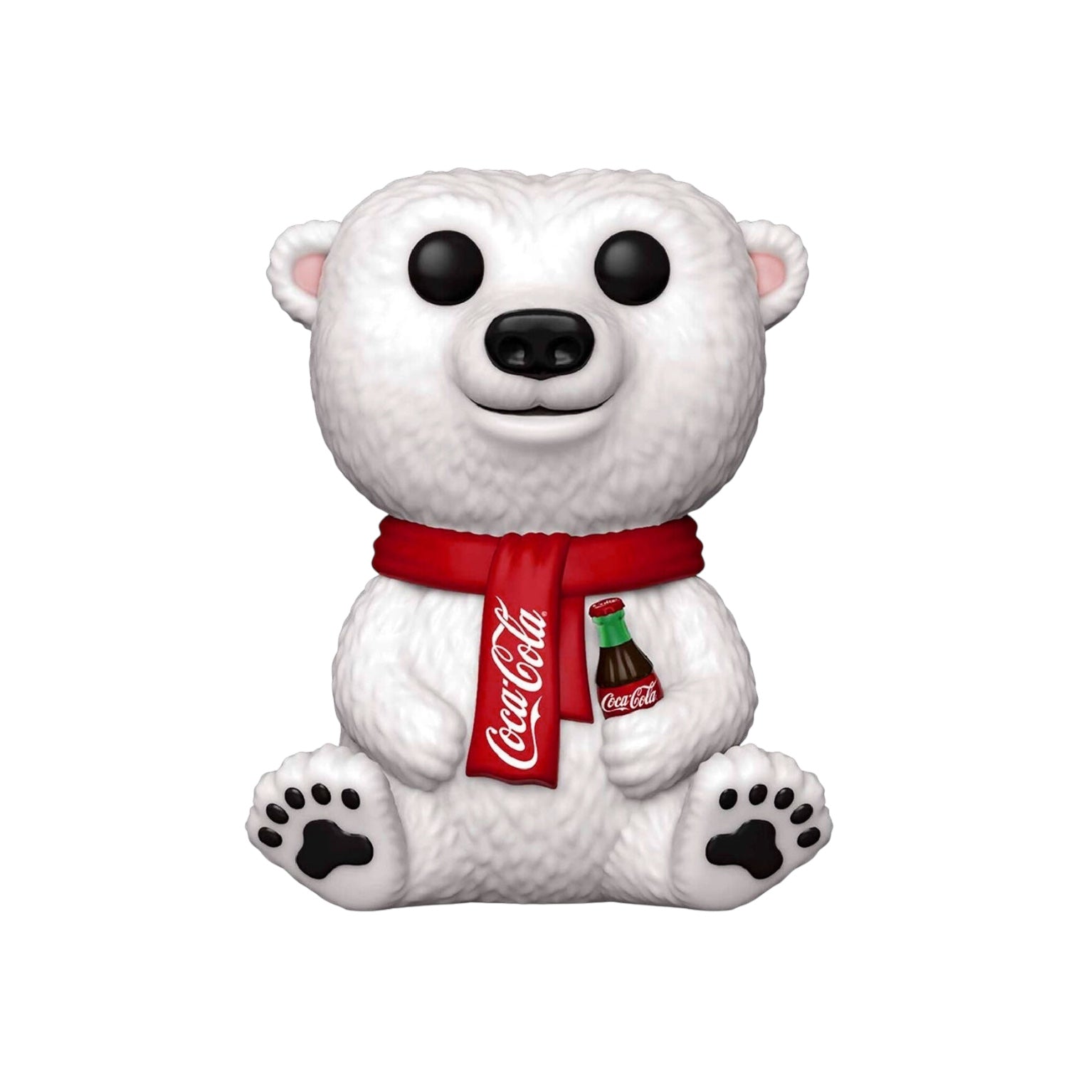 Polar Bear sitting wearing a red scarf and holding a glass bottle of coca cola