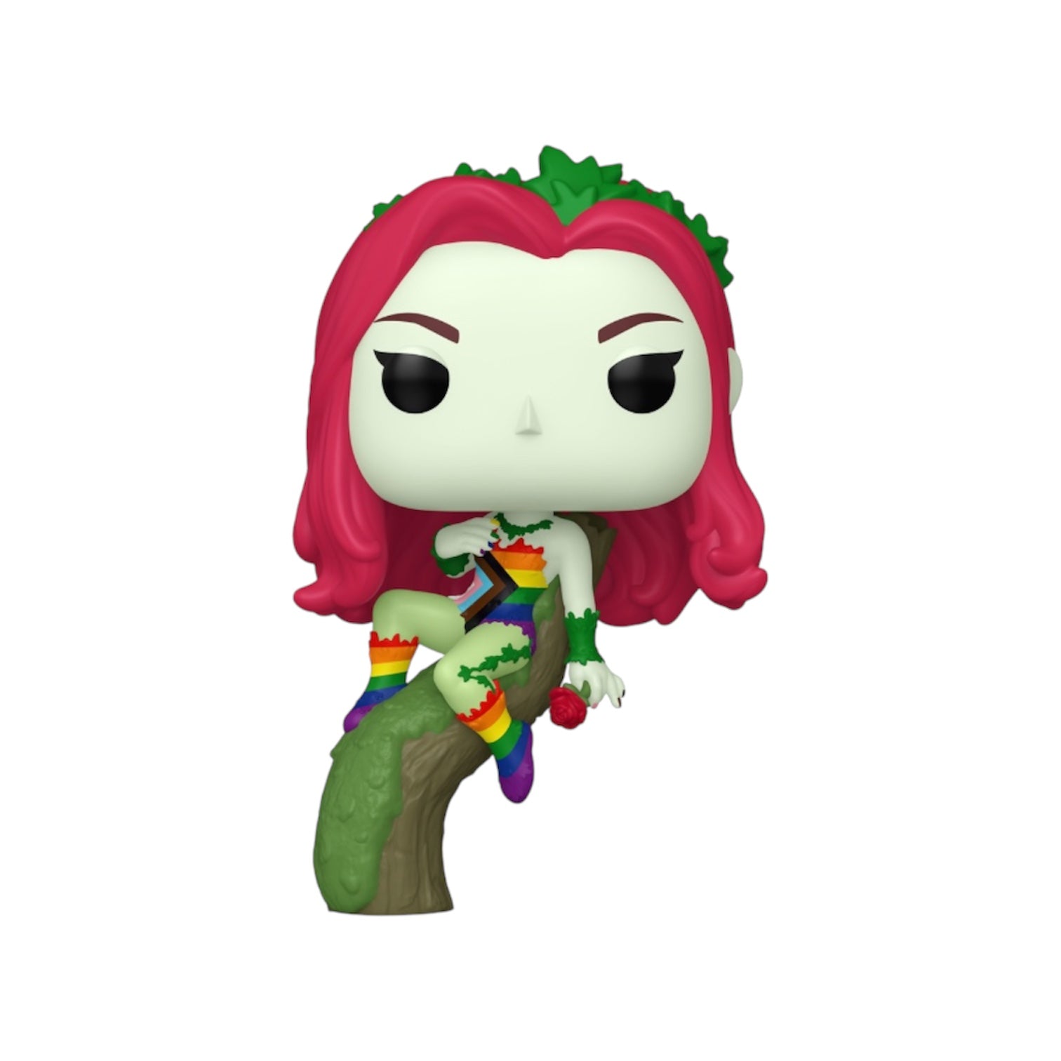 Poison Ivy, red headed poison ivy sitting on a tree trunk holding a rose wearing a multi coloured outift 