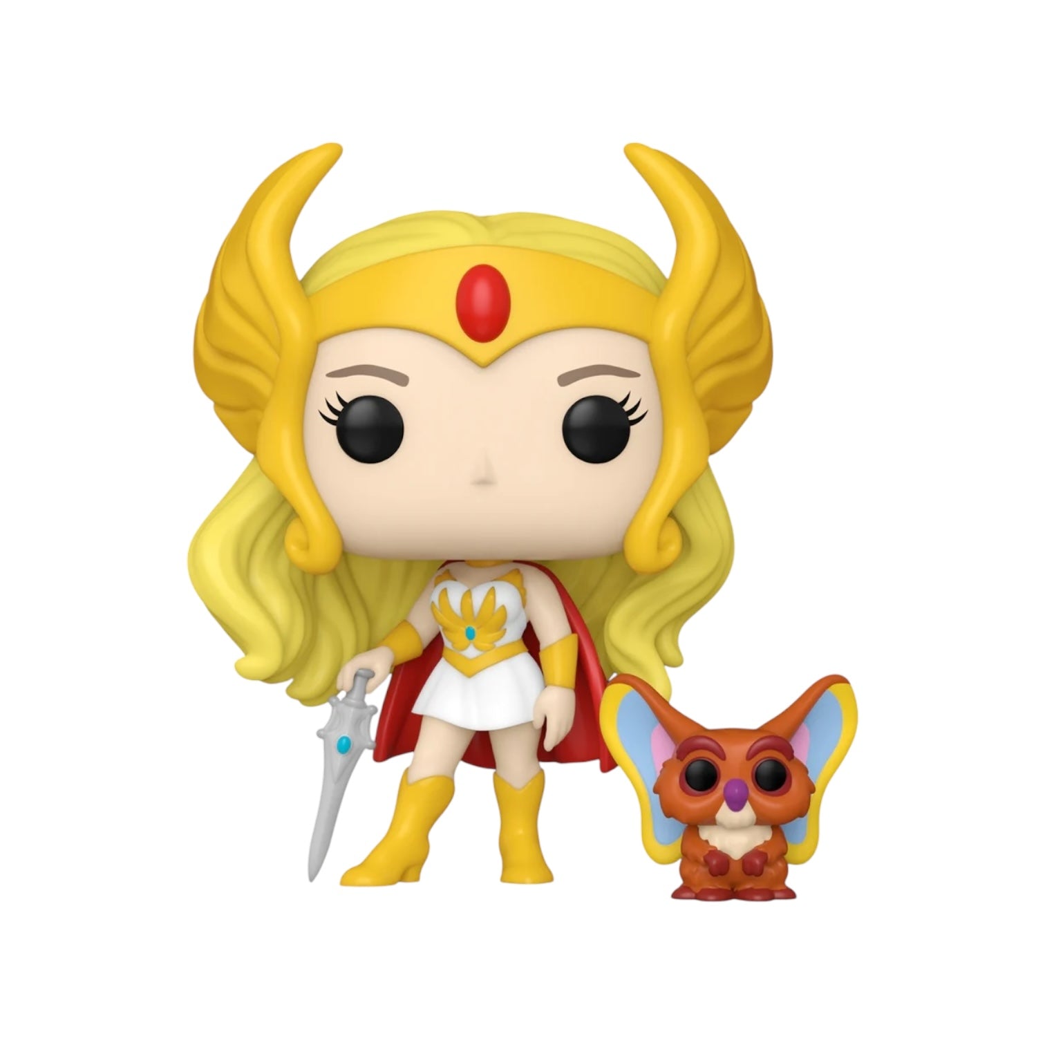 She-Ra wearing her iconic white and gold outfit with gold head piece and her side kick 