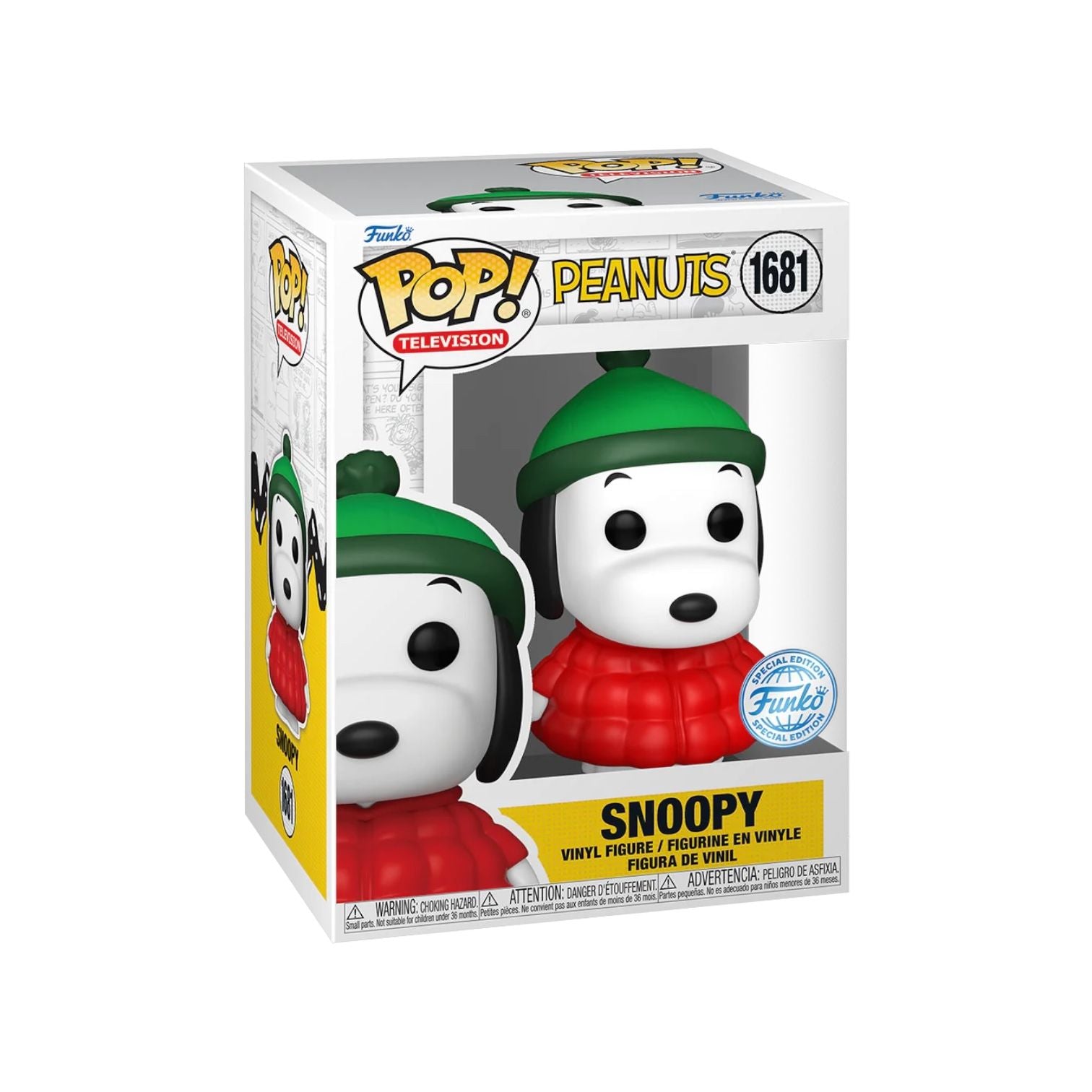 Snoopy wearing a red puffy coat and green wooly hat 