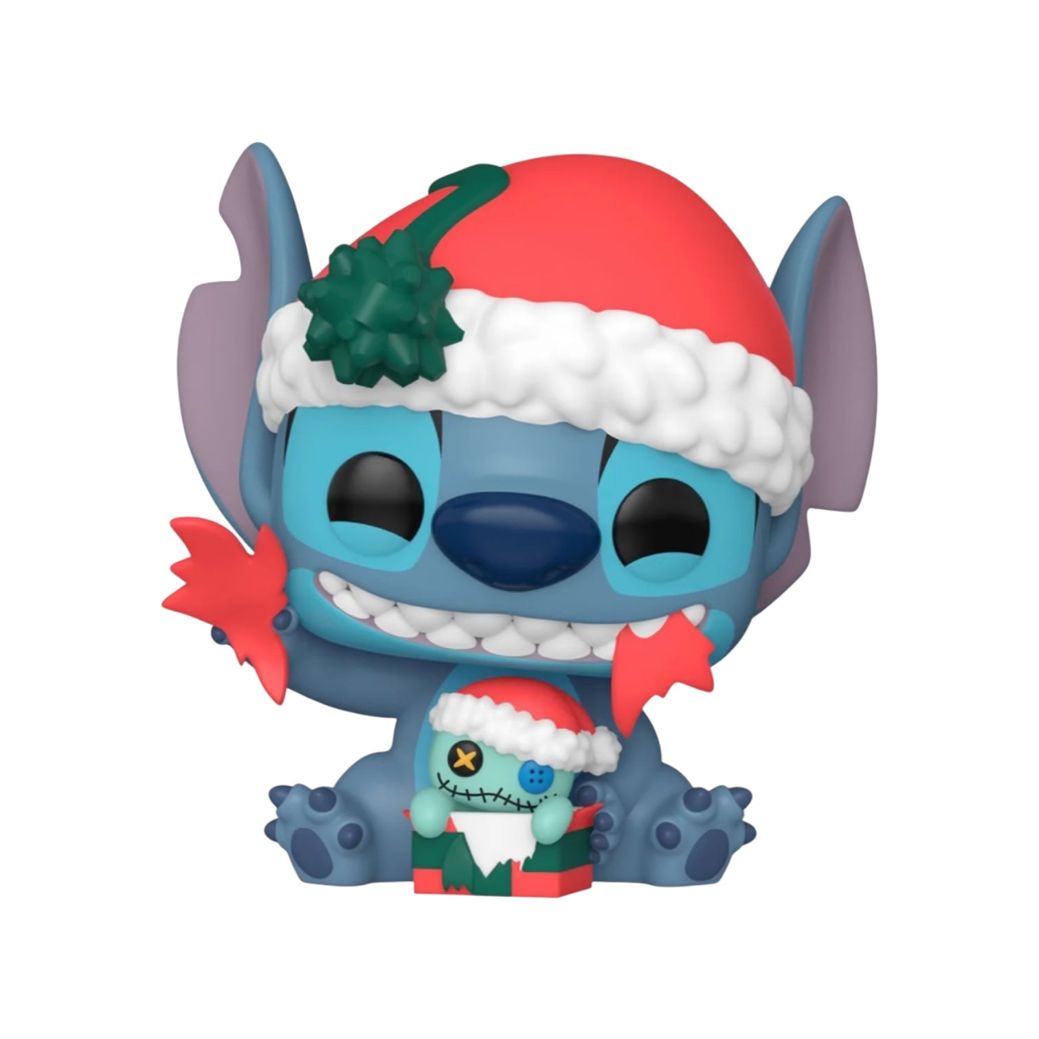 his playful expression and excitement. The Funko Pop figure captures the character's signature features, including his large ears and bright blue fur, tearing open a gift of scrump